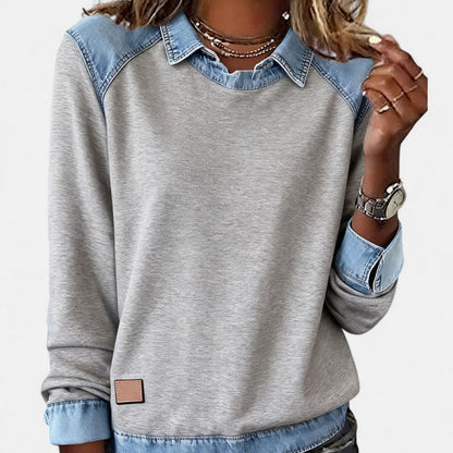 Comfortable Denim Trim Sweatshirt for Women with Layered Collar Long Sleeve Colorblock Casual Style
