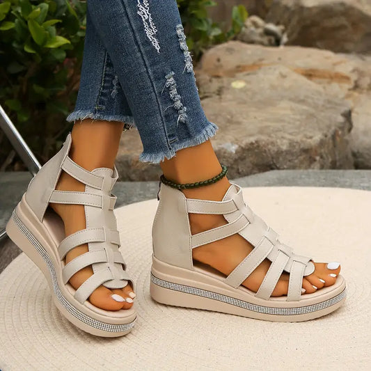 Comfortable Gladiator Sandals for Women with Caged Strap Espadrille Platform Zip Back Wedge Style