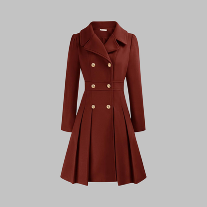 Elegant Wool Blend Pea Coat for Women with Notched Lapel Long Sleeve Double Breasted Pleated Fit and Flare Style