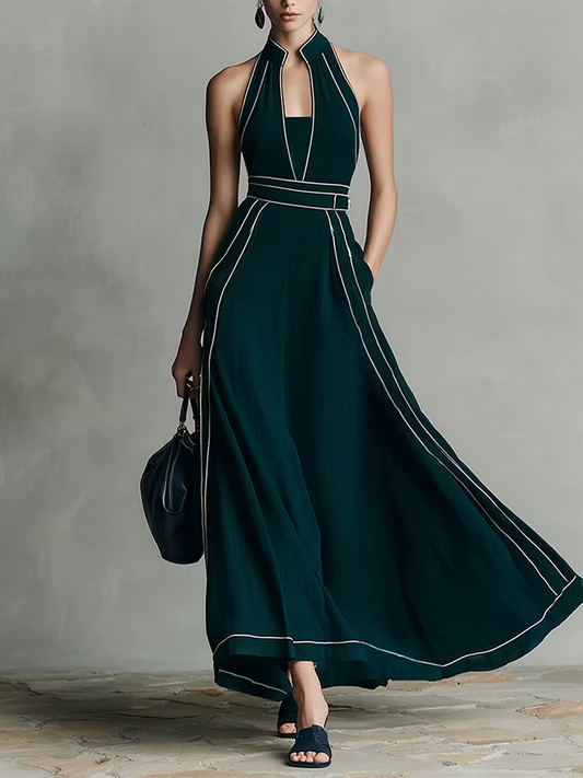 Elegant Dark Green Maxi Dress for Women with Halter Neck Sleeveless Contrast Piping Flowing Style