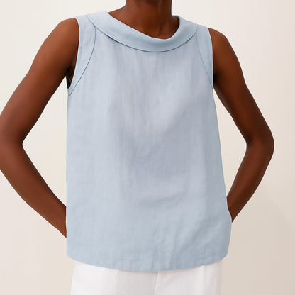 Effortless Linen Blouse for Women with Draped Collar Sleeveless Curved Hem Casual Style