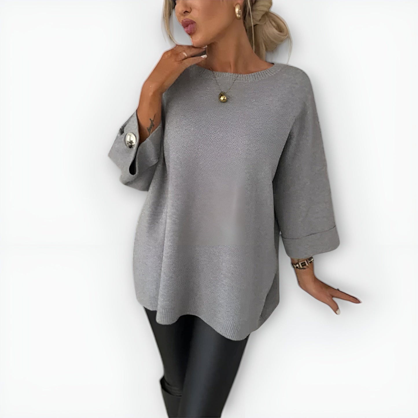 Comfortable Knit Sweater for Women with Round Neck Elbow Sleeve Button Cuff Oversized Style