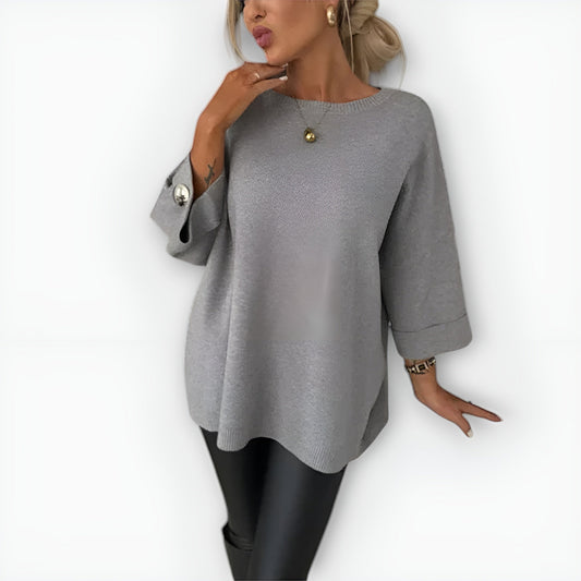 Comfortable Knit Sweater for Women with Round Neck Elbow Sleeve Button Cuff Oversized Style