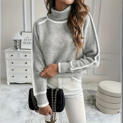 Comfortable Gray Turtleneck Sweater for Women with Long Sleeve Contrast Trim Relaxed Oversized Knit Style