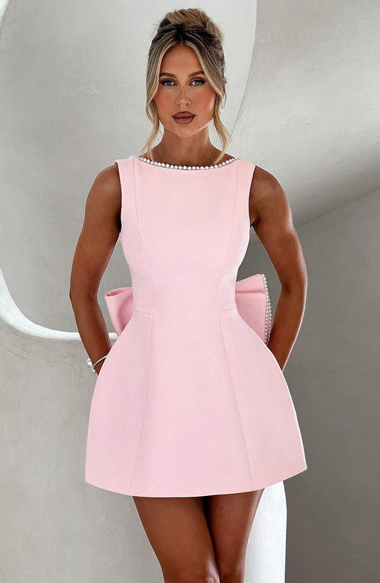 Elegant Pearl Trim Bow Mini Dress for Women with Boat Neck Sleeveless Fit and Flare Cocktail Style