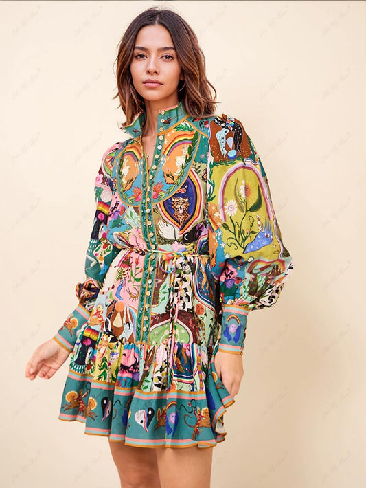 Effortless Multicolor Printed Mini Dress for Women with High Neck Balloon Sleeve Belted Tiered Bohemian Style