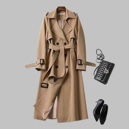 Elegant Trench Coat for Women with Notched Lapel Long Sleeve Double Breasted Belted Flowing Style