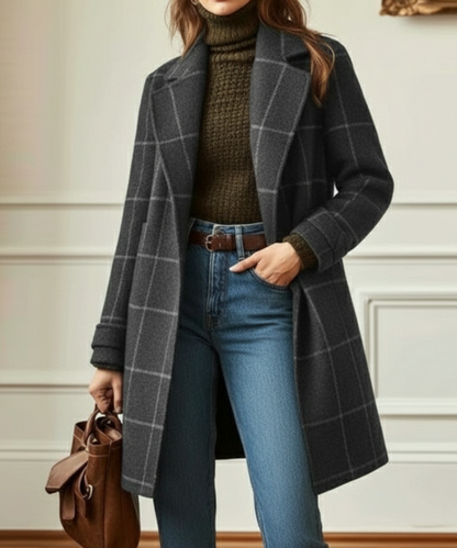 Elegant Windowpane Plaid Wool Coat for Women with Notched Lapel Long Sleeve Button Front Longline Style