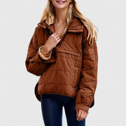 Comfortable Quilted Puffer Jacket for Women with Hooded Snap Front Long Sleeve High Low Hem Casual Style