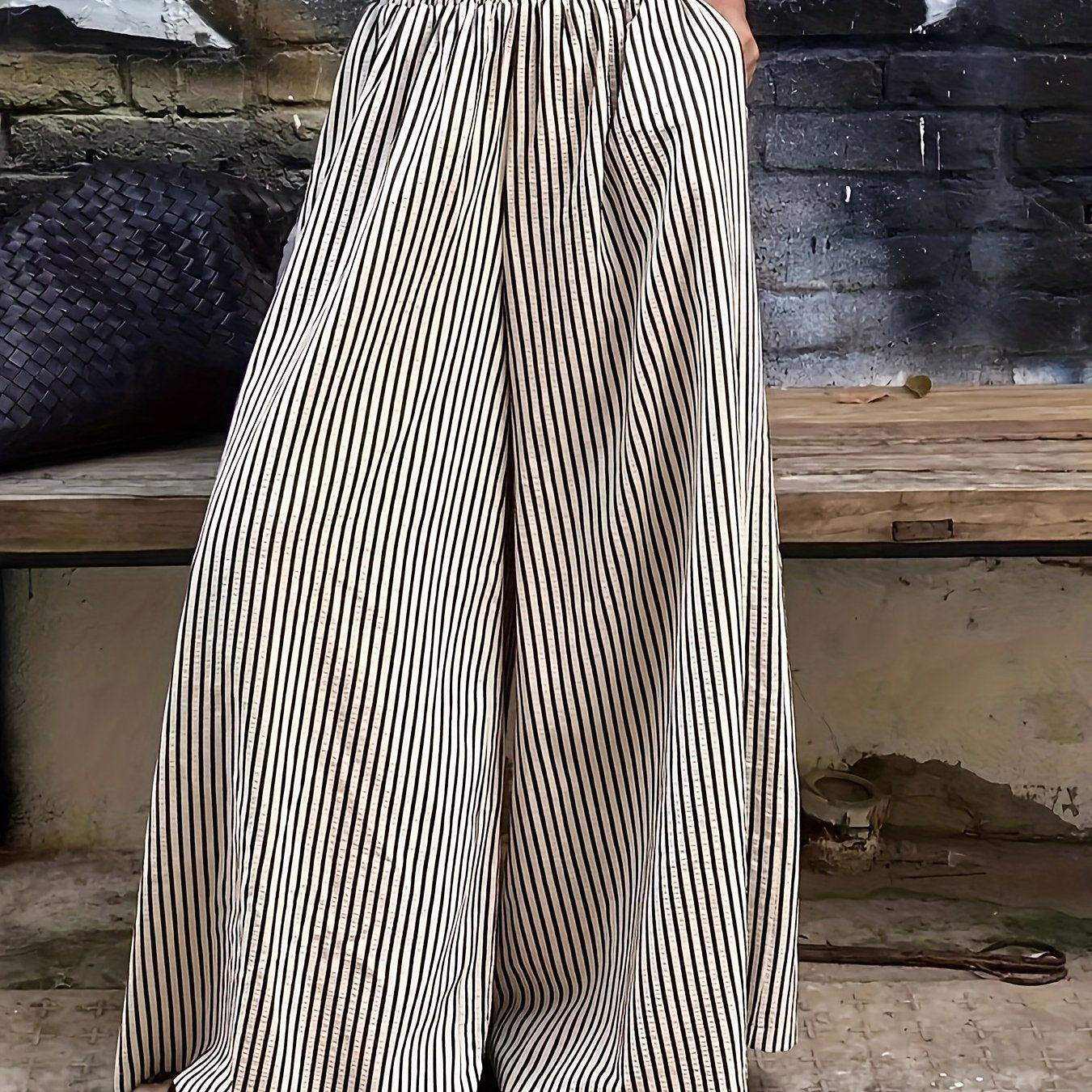 Effortless Apricot Striped Wide Leg Pants for Women with High Waist Elastic Waistband Flowing Relaxed Style