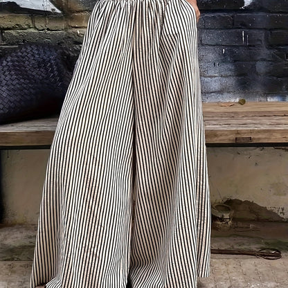 Effortless Apricot Striped Wide Leg Pants for Women with High Waist Elastic Waistband Flowing Relaxed Style