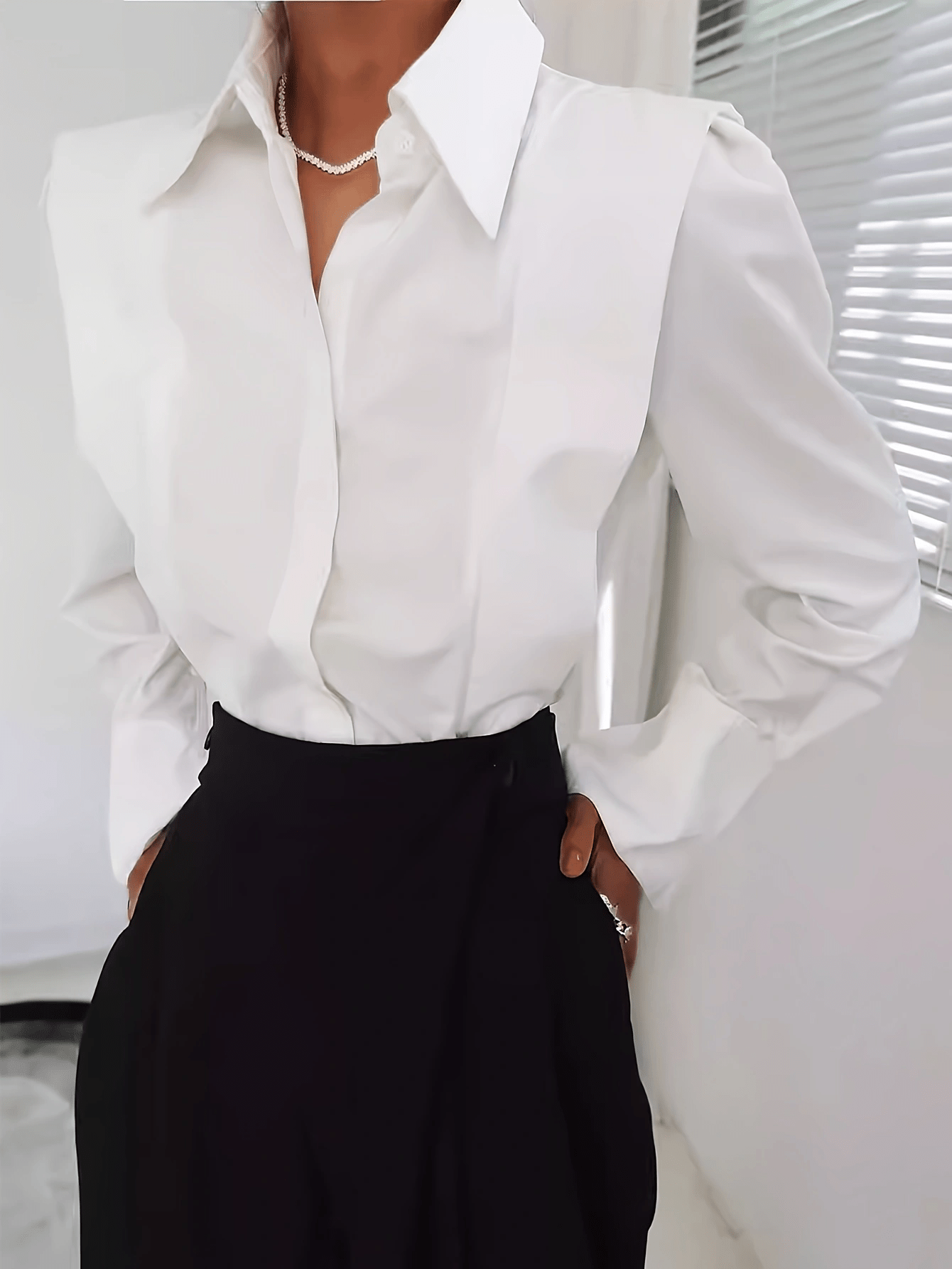 Elegant Structured Blouse for Women with Point Collar Long Sleeve Puff Shoulder Button Front Casual Style