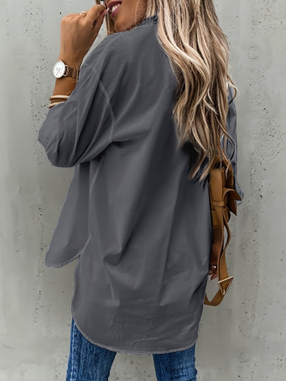 Effortless Utility Pocket Blouse for Women with Collar Long Sleeve Relaxed Curved Hem Style