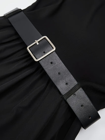 Elegant Black Sleeveless A-Line Midi Dress with Adjustable Waist Belt - Cinched Waist, Flowing Skirt, Round Neck, Perfect for Spring/Summer, Adult Women'S Fashion, Formal Event Attire|Sleek Fitted Top|Adjustable Waist Belt