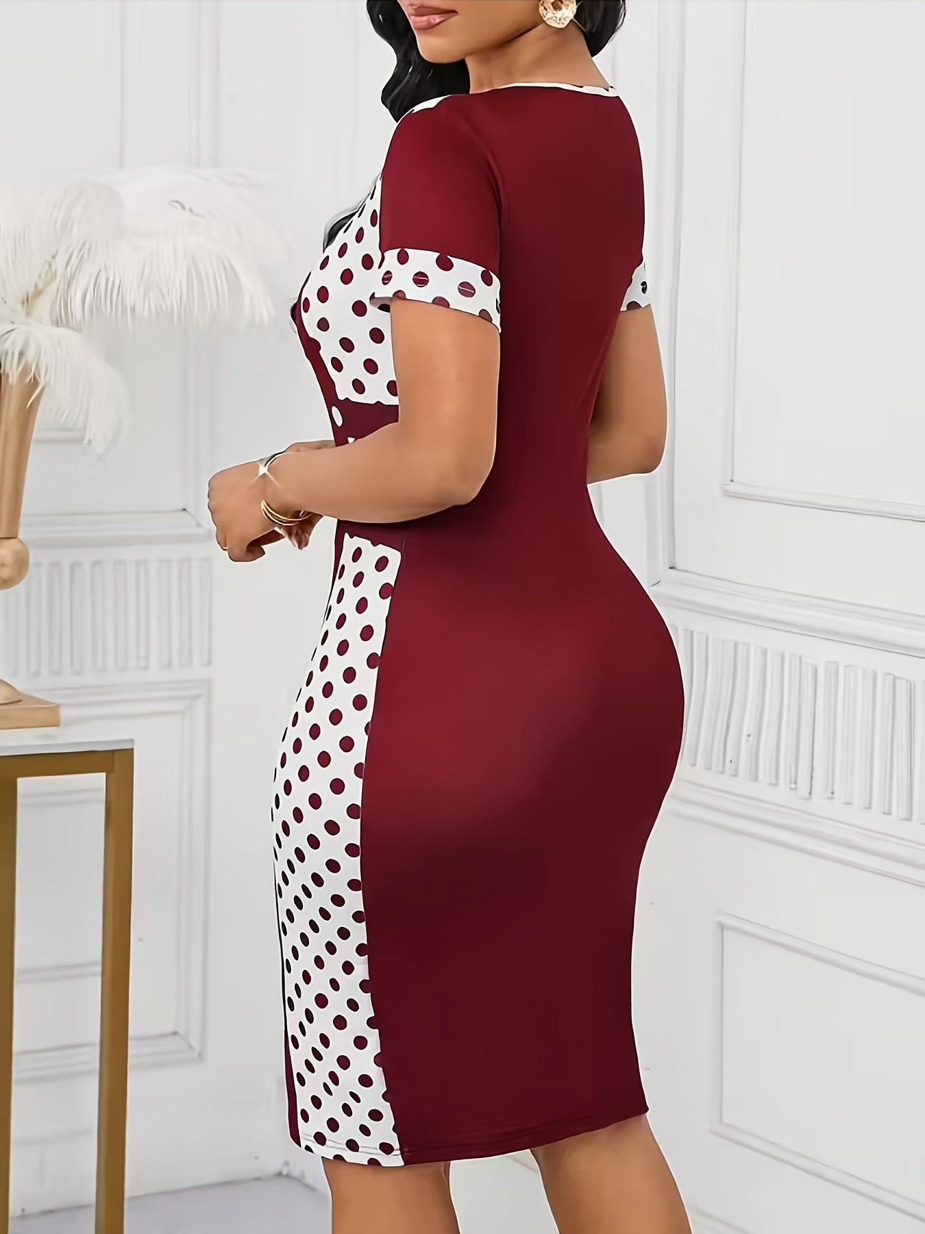 Elegant Polka Dot Midi Dress for Women with Round Neck Short Sleeve Bodycon Button Detail Cocktail Style