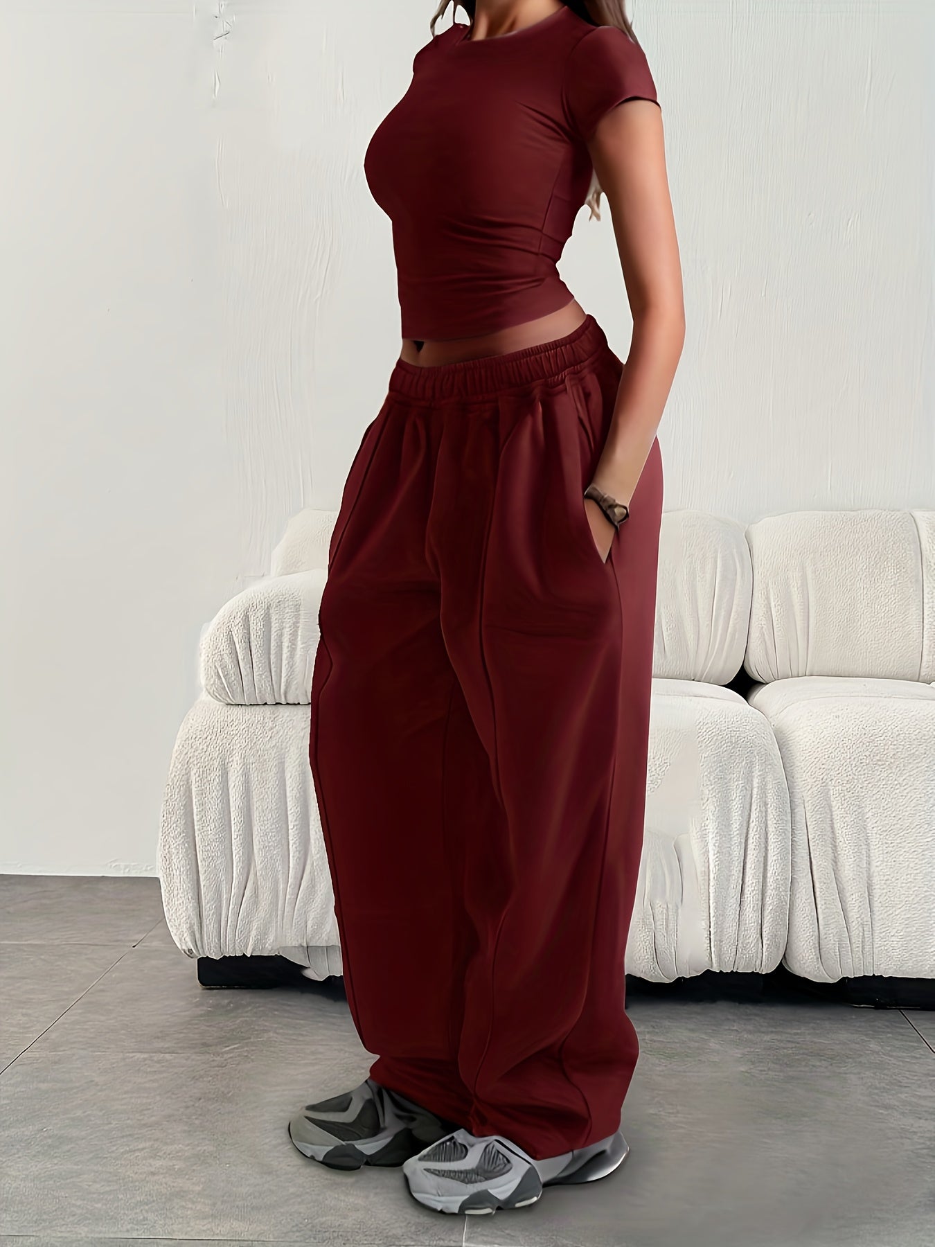 Effortless Wide Leg Sweatpants for Women with High Waist Elastic Pocket Relaxed Baggy Casual Style