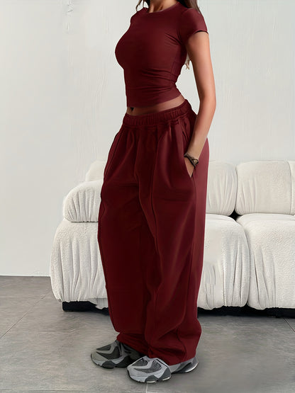 Effortless Wide Leg Sweatpants for Women with High Waist Elastic Pocket Relaxed Baggy Casual Style