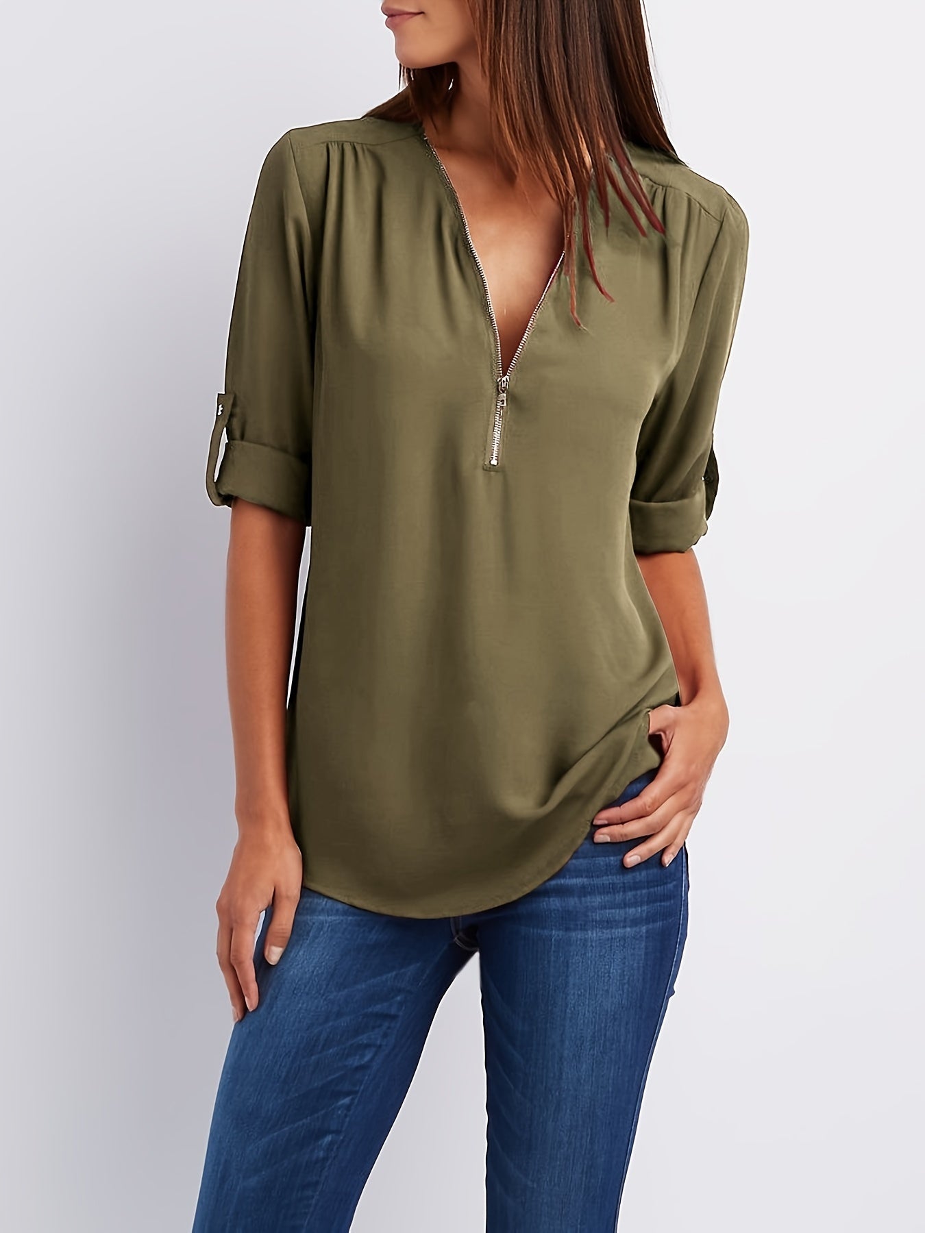 Effortless Zip Front Blouse for Women with V Neck Roll Tab Sleeve Relaxed Tunic Style