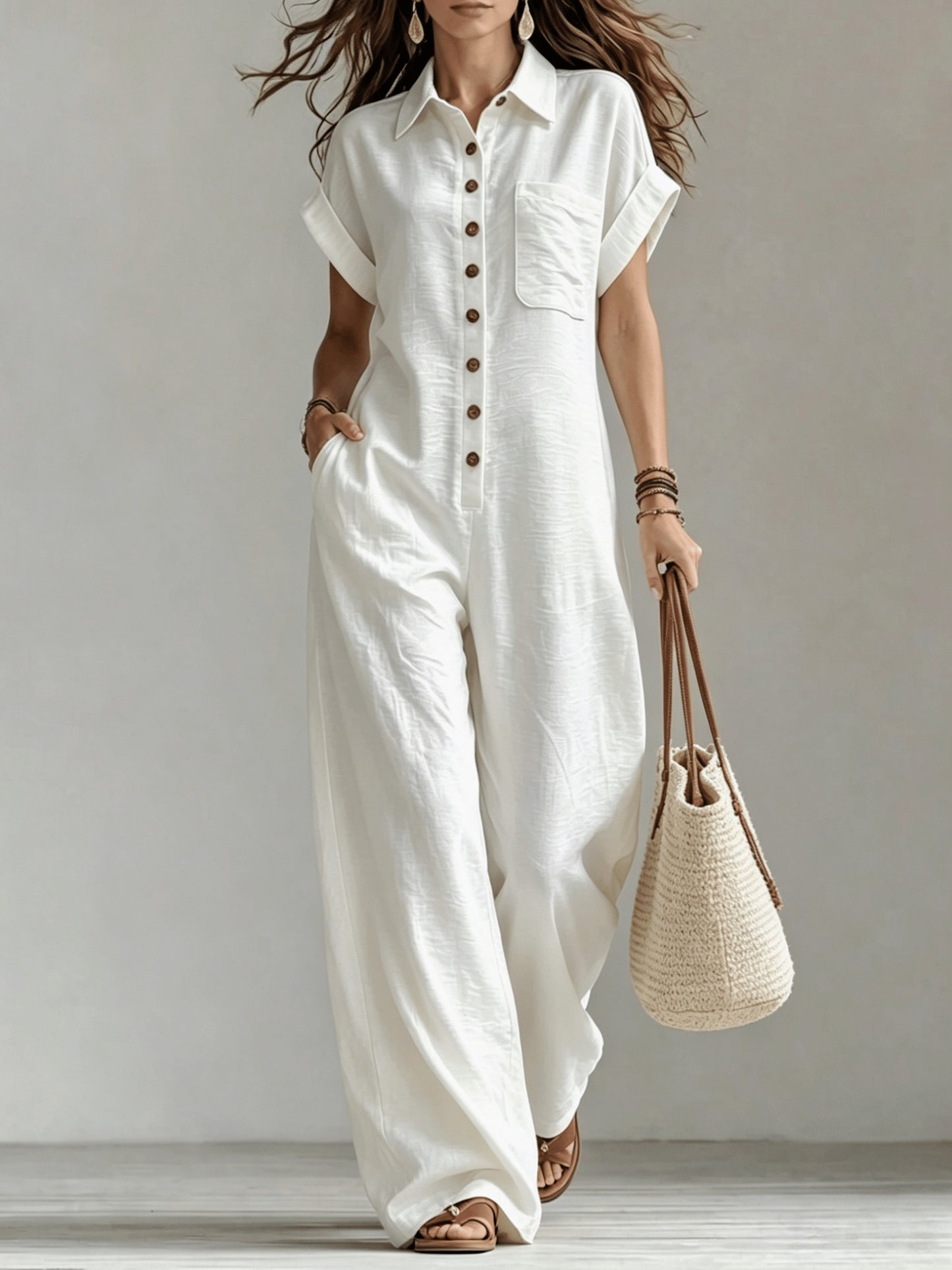 Women'S Summer Short Sleeve Jumpsuit, Collared Single-Row Button Loose Straight Style, Casual Cargo Overalls, Loose Straight Drape Long Pants, Daily Commute Casual All-Match Fashion Comfortable