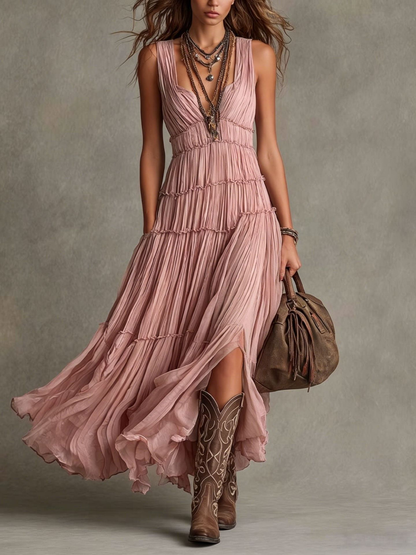 Effortless Tiered Maxi Dress for Women with V Neck Sleeveless Pleated Flowing Bohemian Style