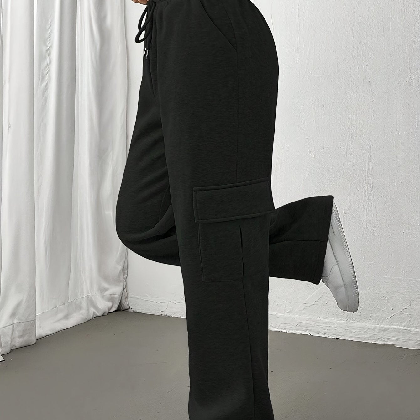 Comfortable Black Cargo Sweatpants for Women with High Waist Drawstring Flap Pocket Wide Leg Relaxed Style