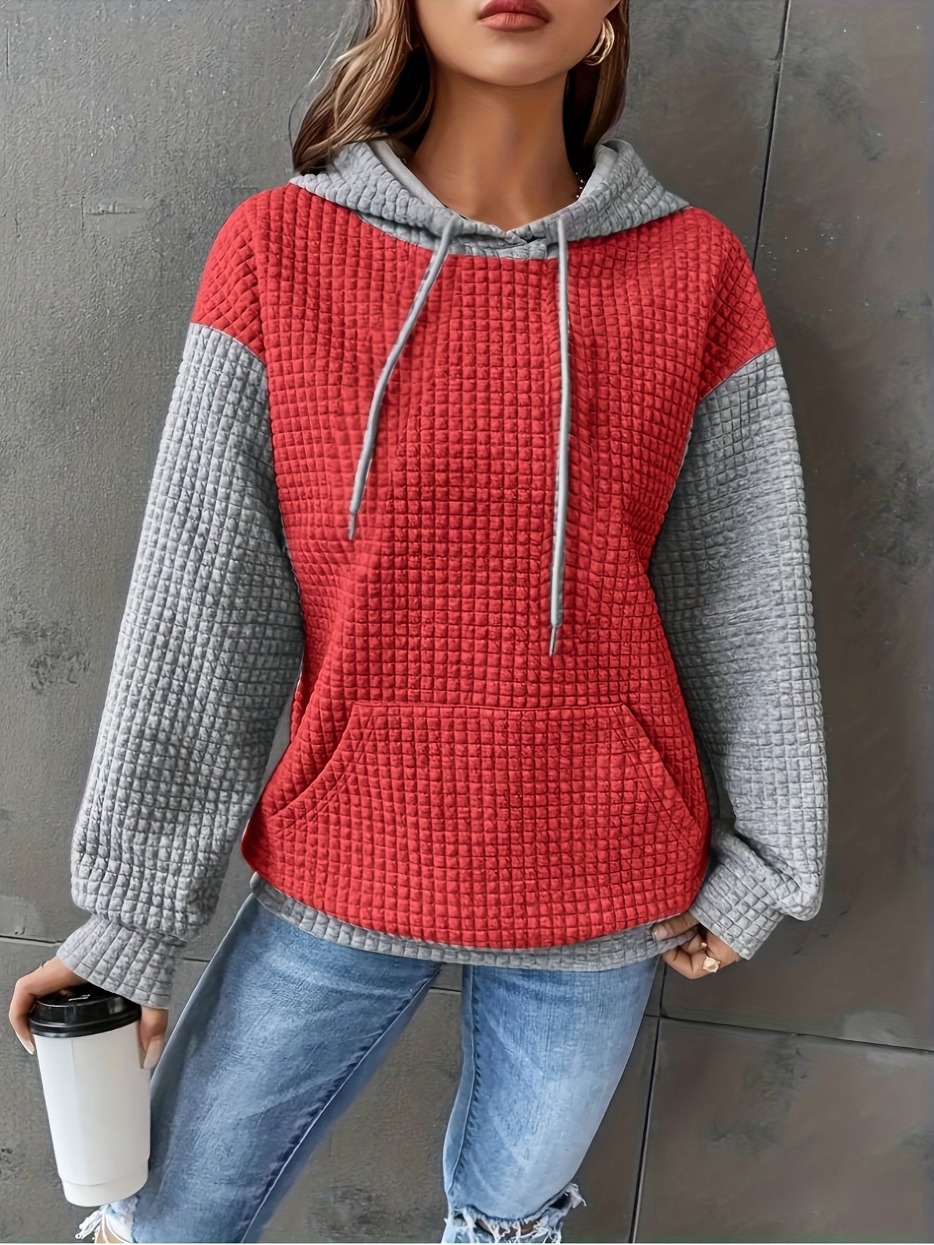 Women's Casual Waffle- Color-Block Hooded Sweatshirt - Relaxed Fit Long Sleeve Pullover with Drawstring Hood, Machine Washable Autumn Winter Fashion Top, Cute Sweatshirts, Autumn Apparel, Soft Fabric, Everyday Outfit, Waffle Design, Breathable Material, C