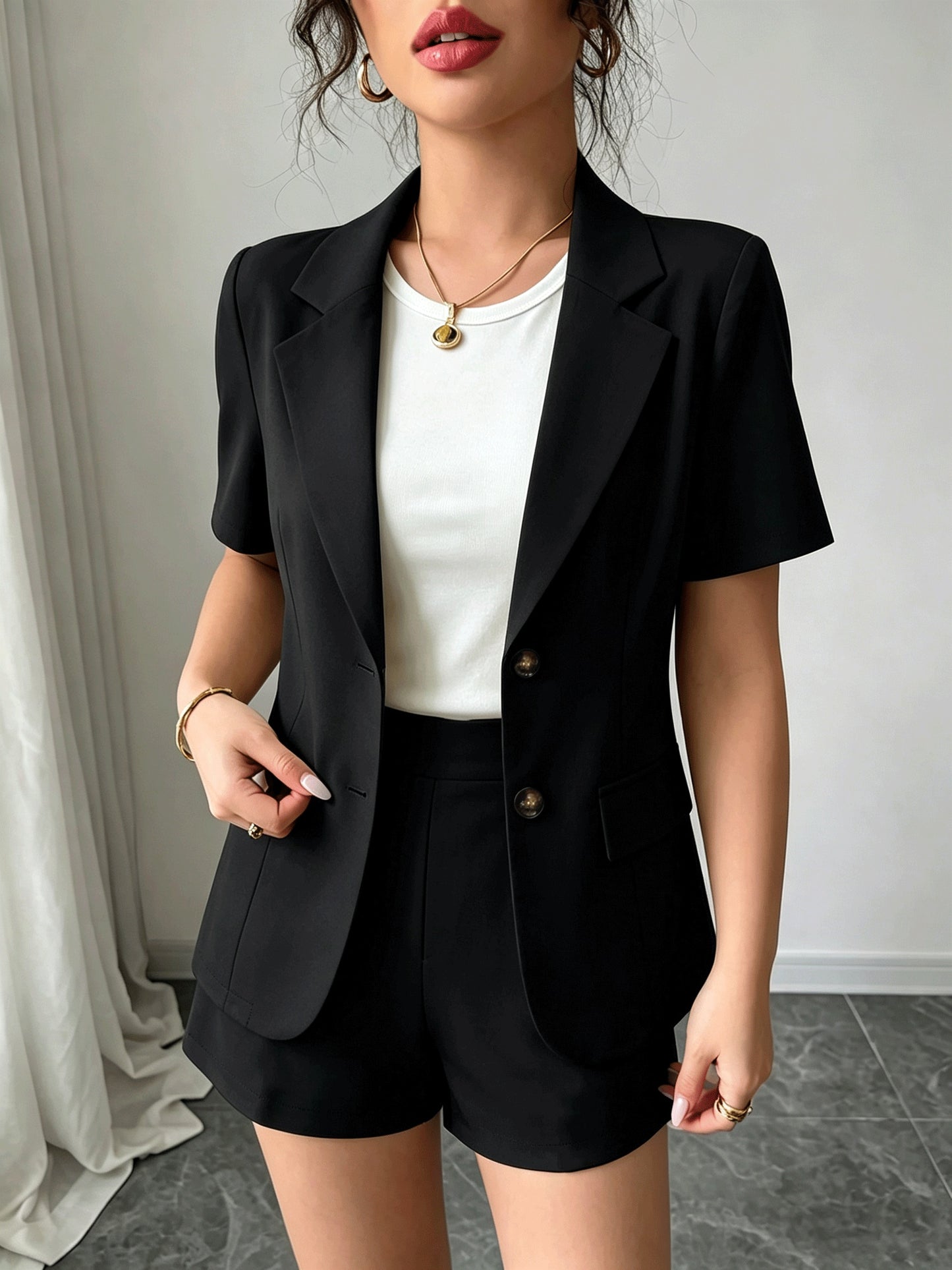 Effortless Blazer Shorts Set for Women with Lapel Collar Short Sleeve Button Front Two Piece Style