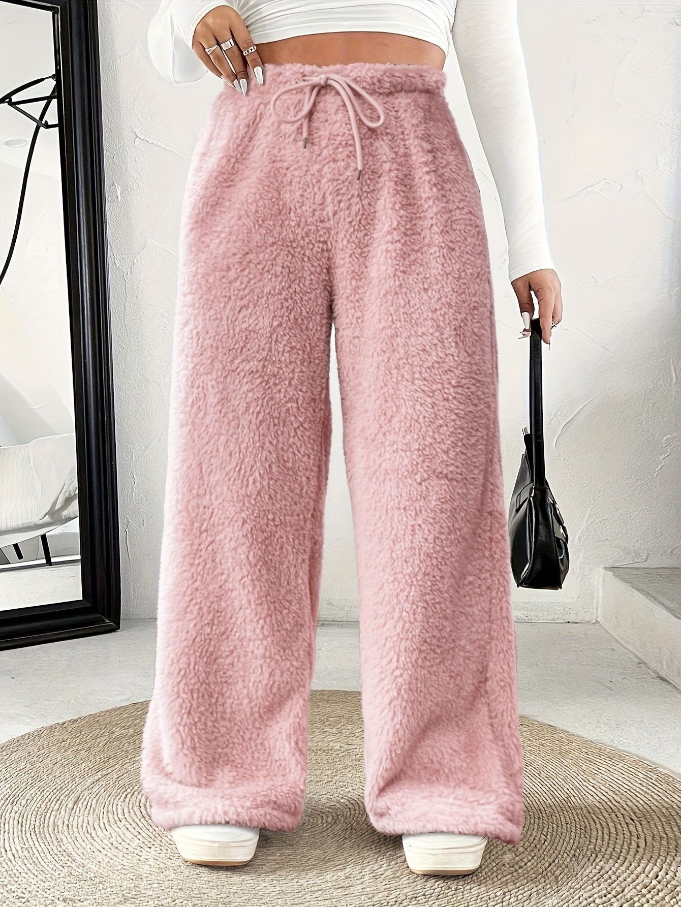 Plus Size -Adult Plus Size Clothing Autumn Winter Casual Reversible Plush Thick Warm Waistband Drawstring Loose Drape Wide Leg Pants