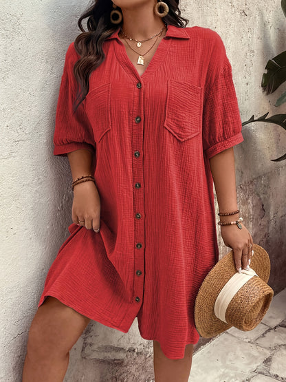 Effortless Textured Cotton Shirt Dress for Women with Collared V Neck Half Sleeve Button Front Relaxed Casual Style