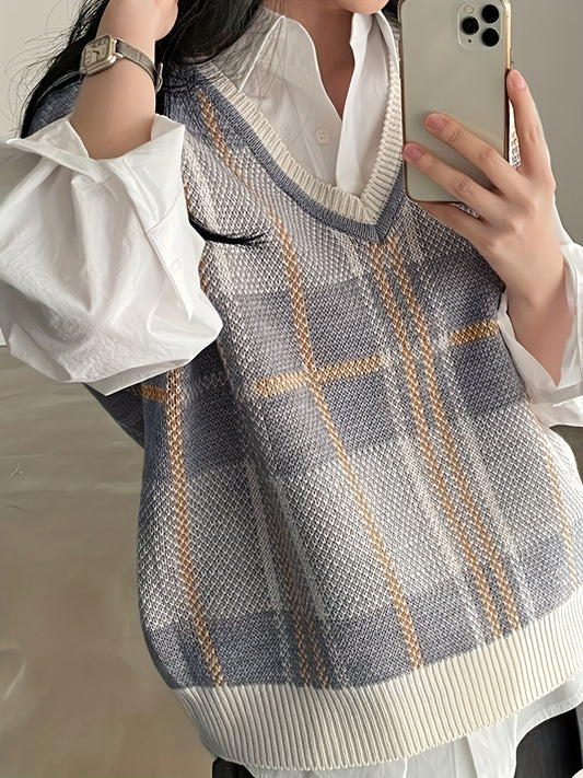 Comfortable Plaid Sweater Vest for Women with V Neck Sleeveless Ribbed Trim Oversized Knit Style
