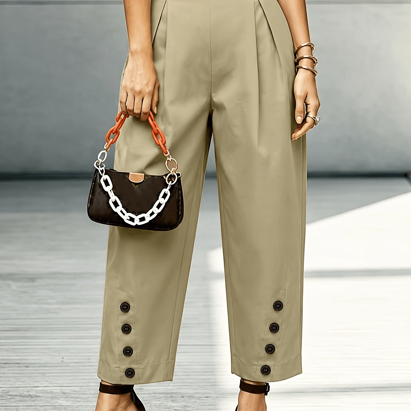 Effortless Khaki Wide Leg Pants for Women with High Waist Pleated Button Trim Tapered Style