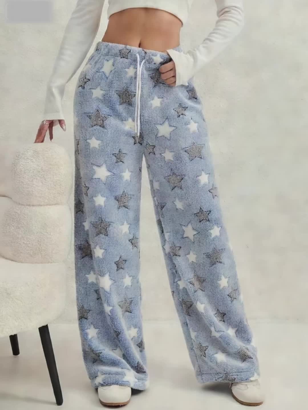 Women'S Autumn Winter Fleece Thickened Star Pattern Belt Drawstring Wide-Leg Long Pants Suitable for Outdoor Indoor Casual Plush Trousers Pants