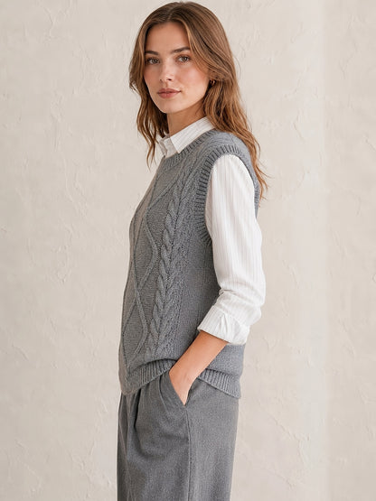 Comfortable Cable Knit Sweater Vest for Women with Crew Neck Sleeveless Relaxed Preppy Style