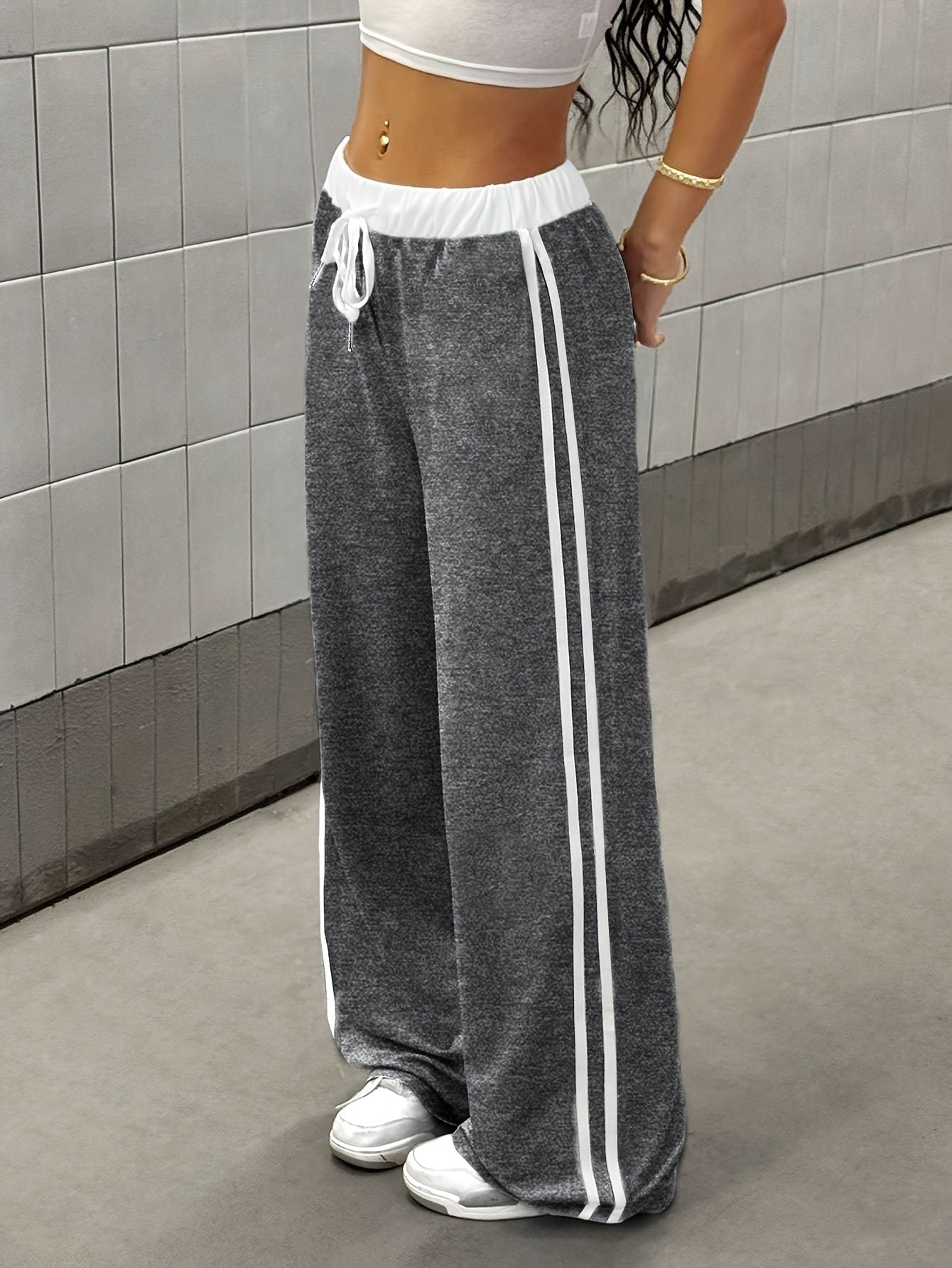 Effortless Wide Leg Track Pants for Women with Drawstring Waist Side Stripe Relaxed Sporty Style