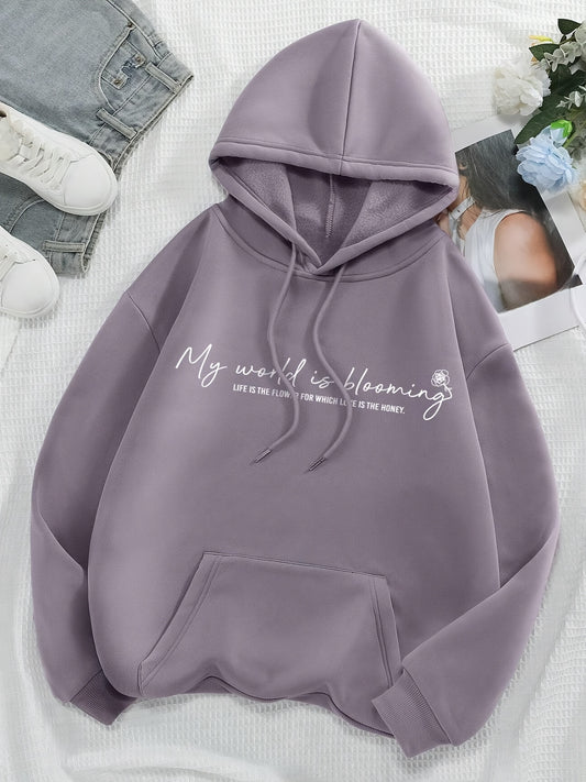 Comfortable Purple Graphic Hoodie for Women with Drawstring Hood Long Sleeve Oversized Relaxed Style