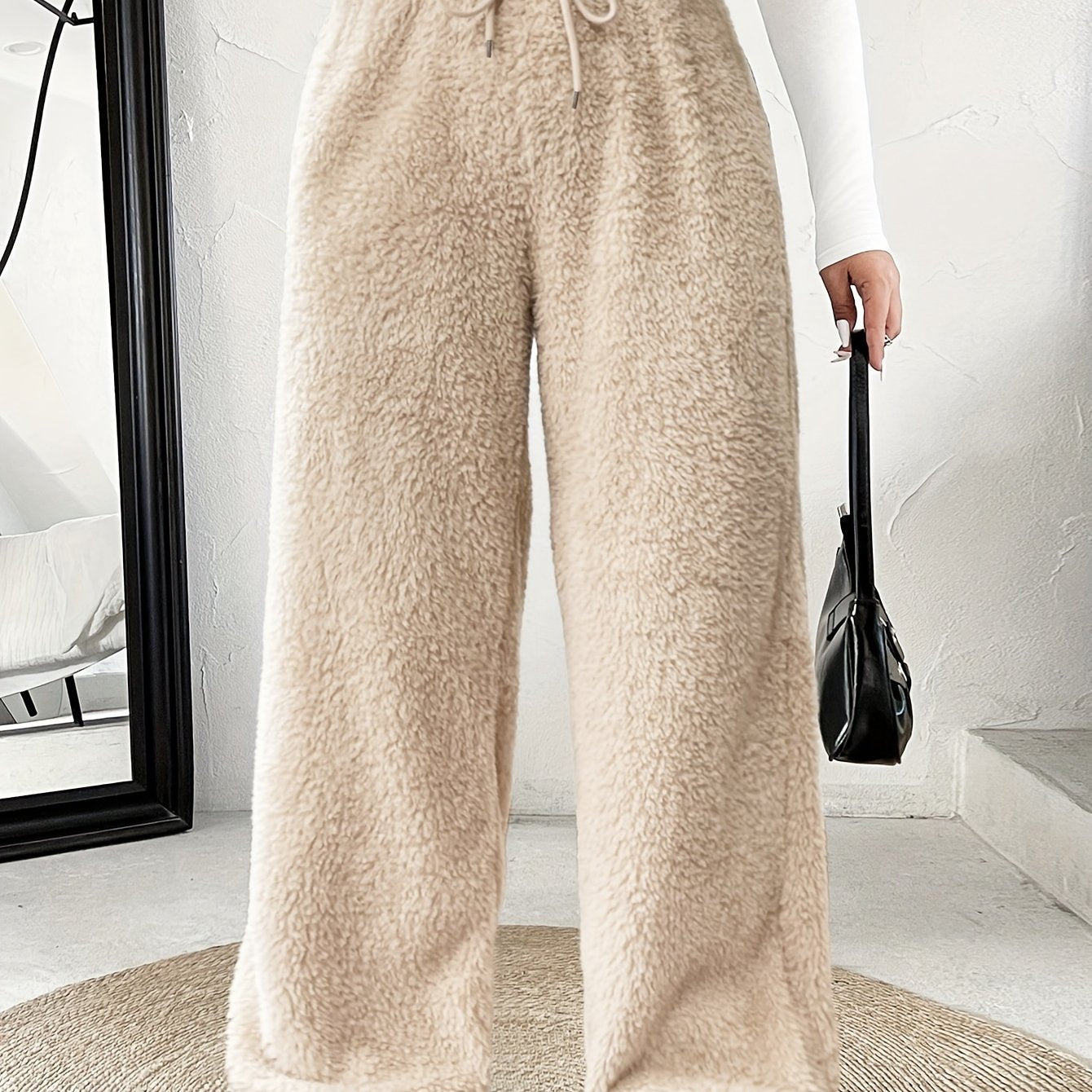 Plus Size -Adult Plus Size Clothing Autumn Winter Casual Reversible Plush Thick Warm Waistband Drawstring Loose Drape Wide Leg Pants