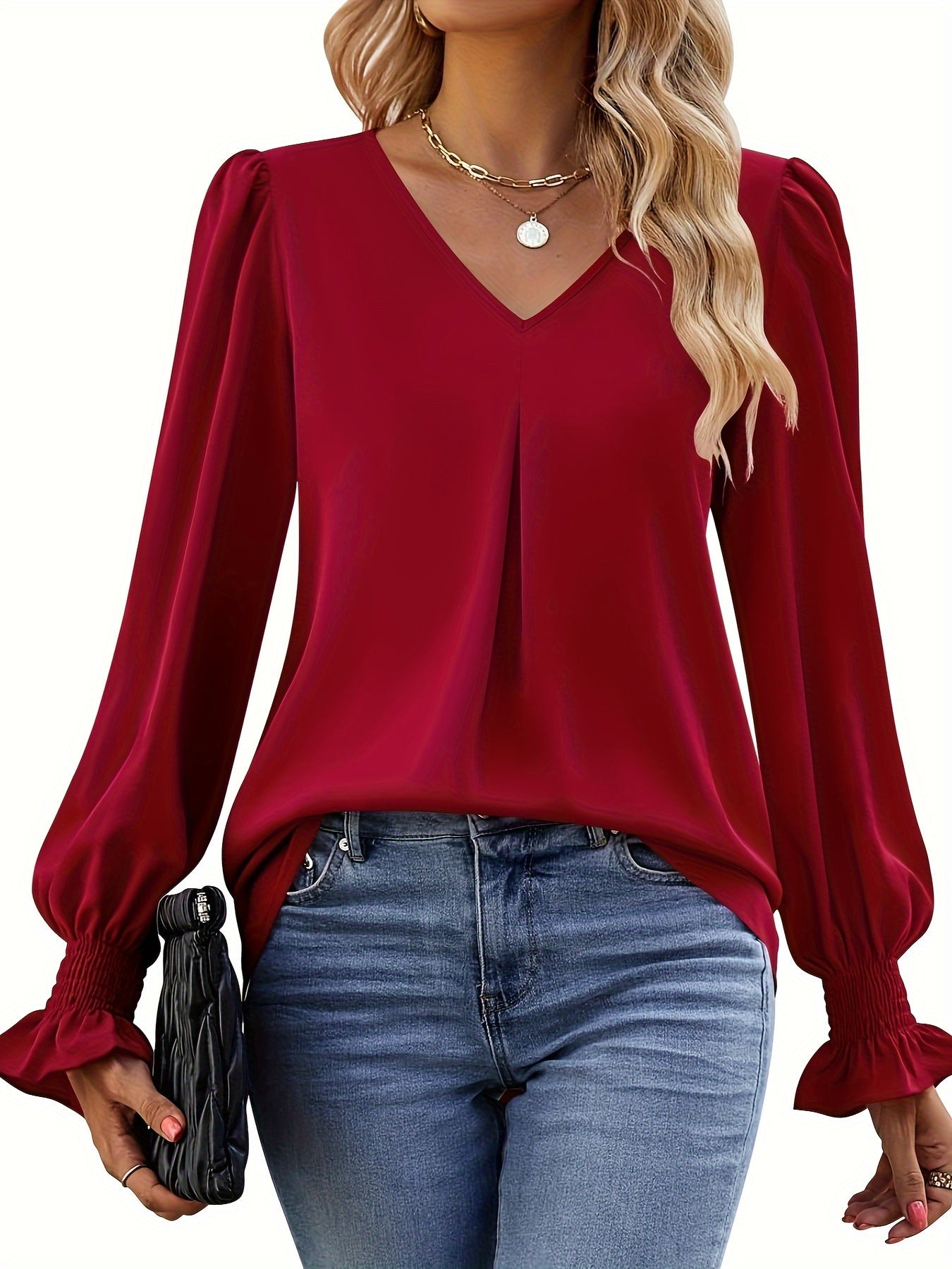 Effortless Blouse for Women with V Neck Balloon Sleeve Smocked Cuff Relaxed Style