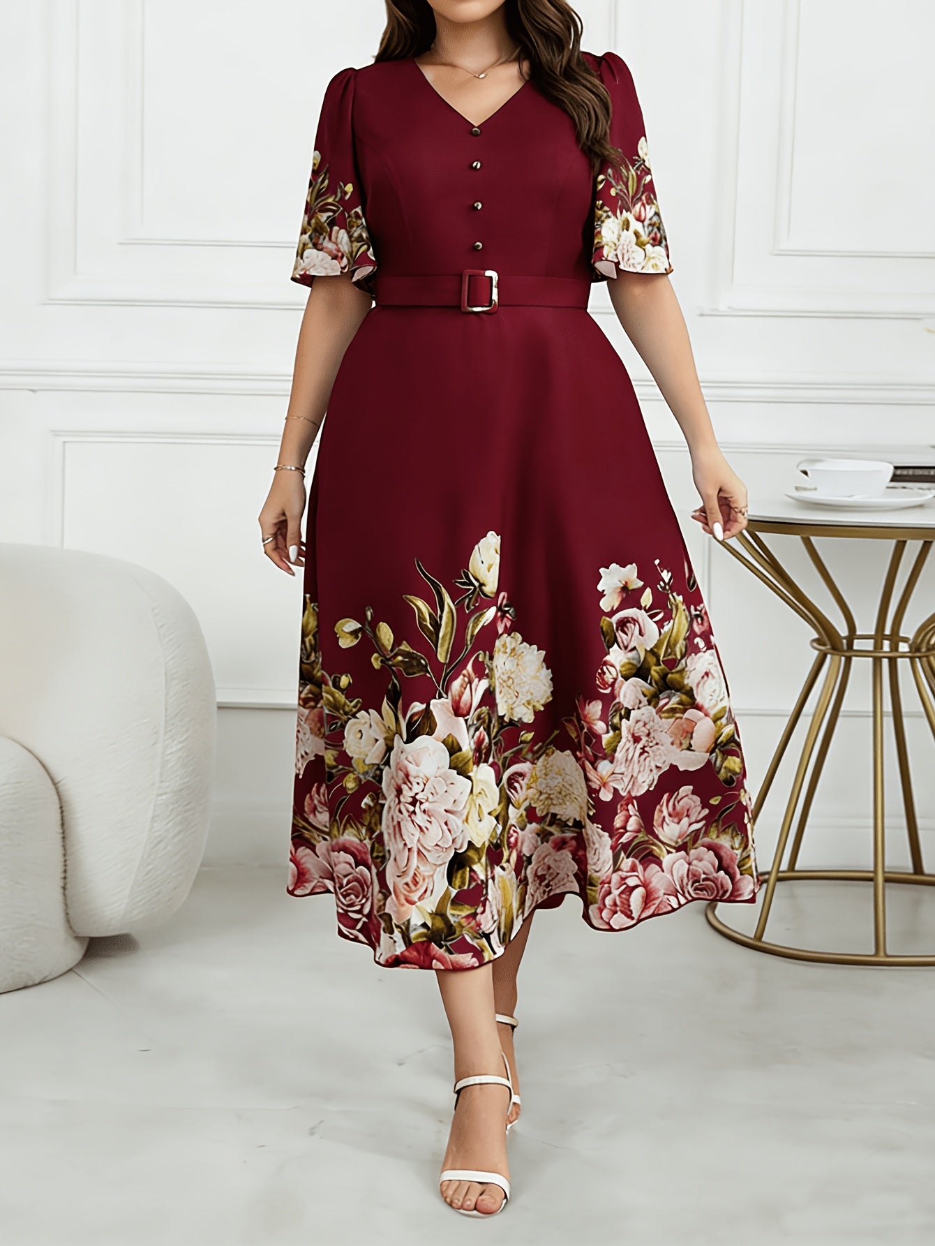 Plus Size, Plus Size Women's Spring/Summer Floral Print Elegant High-Waisted V-Neck Short Sleeve Dress