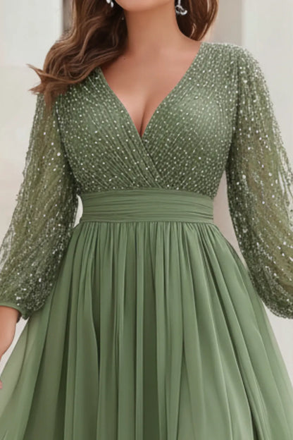 Elegant Sage Green Sequin Maxi Dress for Women with V Neck Long Sleeve High Slit Formal Wedding Guest Style