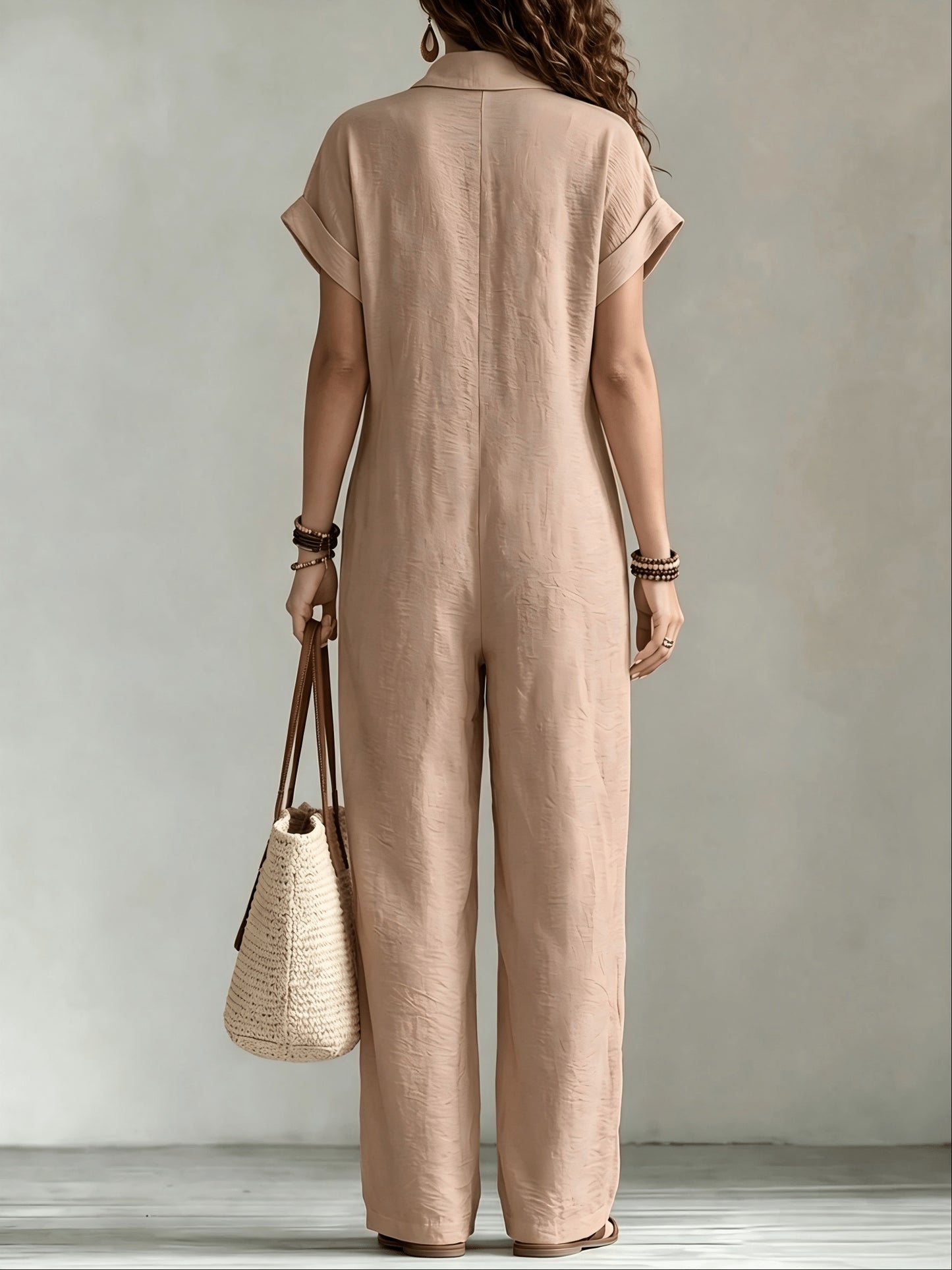 Women'S Summer Short Sleeve Jumpsuit, Collared Single-Row Button Loose Straight Style, Casual Cargo Overalls, Loose Straight Drape Long Pants, Daily Commute Casual All-Match Fashion Comfortable