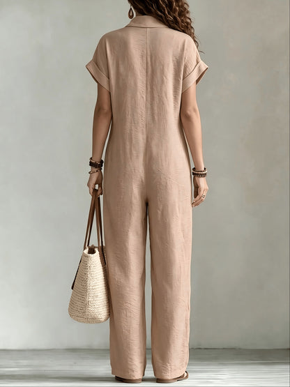 Women'S Summer Short Sleeve Jumpsuit, Collared Single-Row Button Loose Straight Style, Casual Cargo Overalls, Loose Straight Drape Long Pants, Daily Commute Casual All-Match Fashion Comfortable