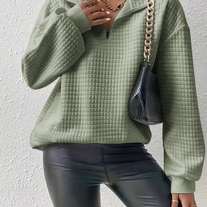 Comfortable and Loose Waffle Solid Standing Neck Zipper Long Sleeve Panel Women's Sweater
