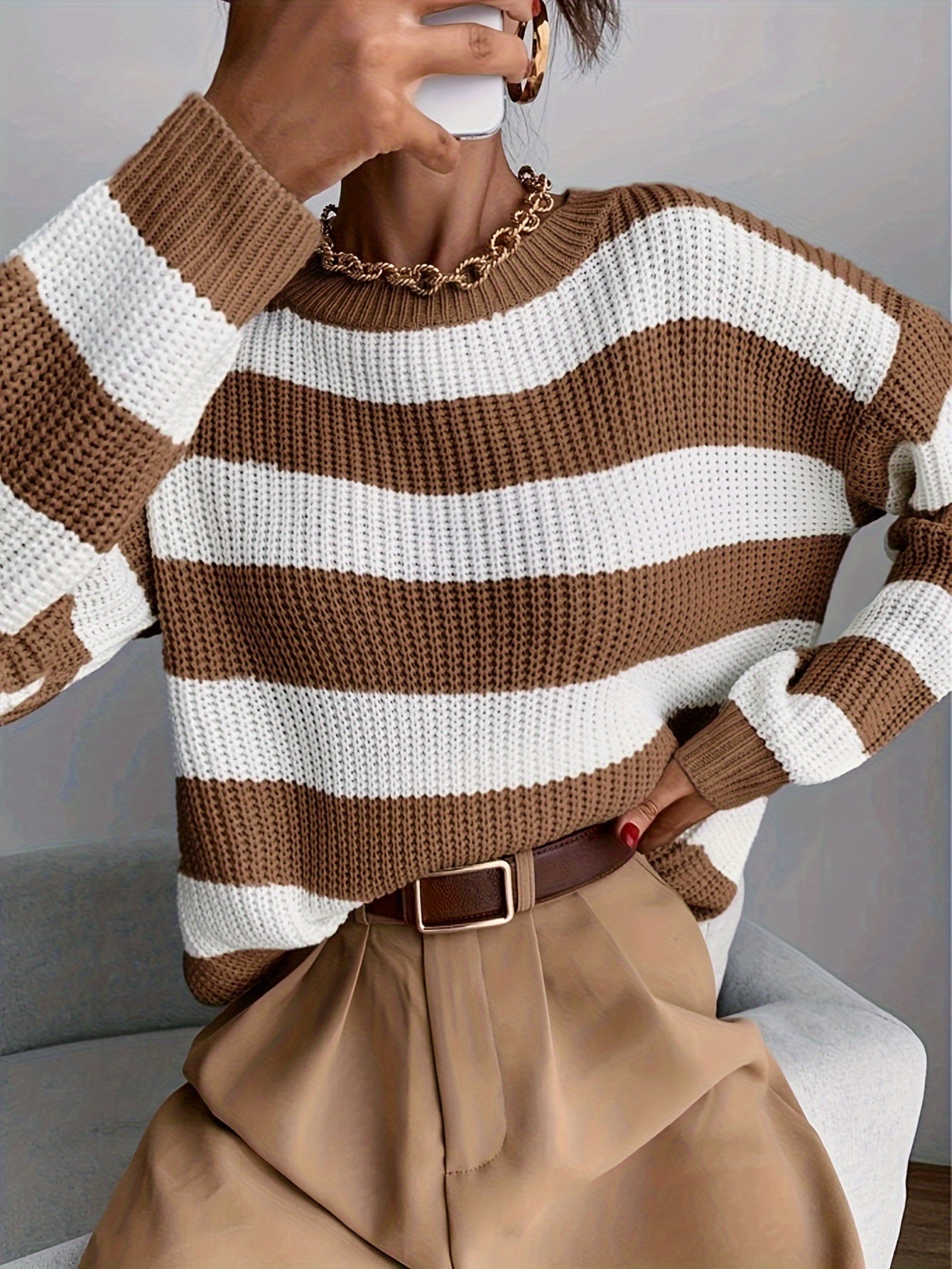 Comfortable Striped Sweater for Women with Crew Neck Long Sleeve Relaxed Oversized Knit Style
