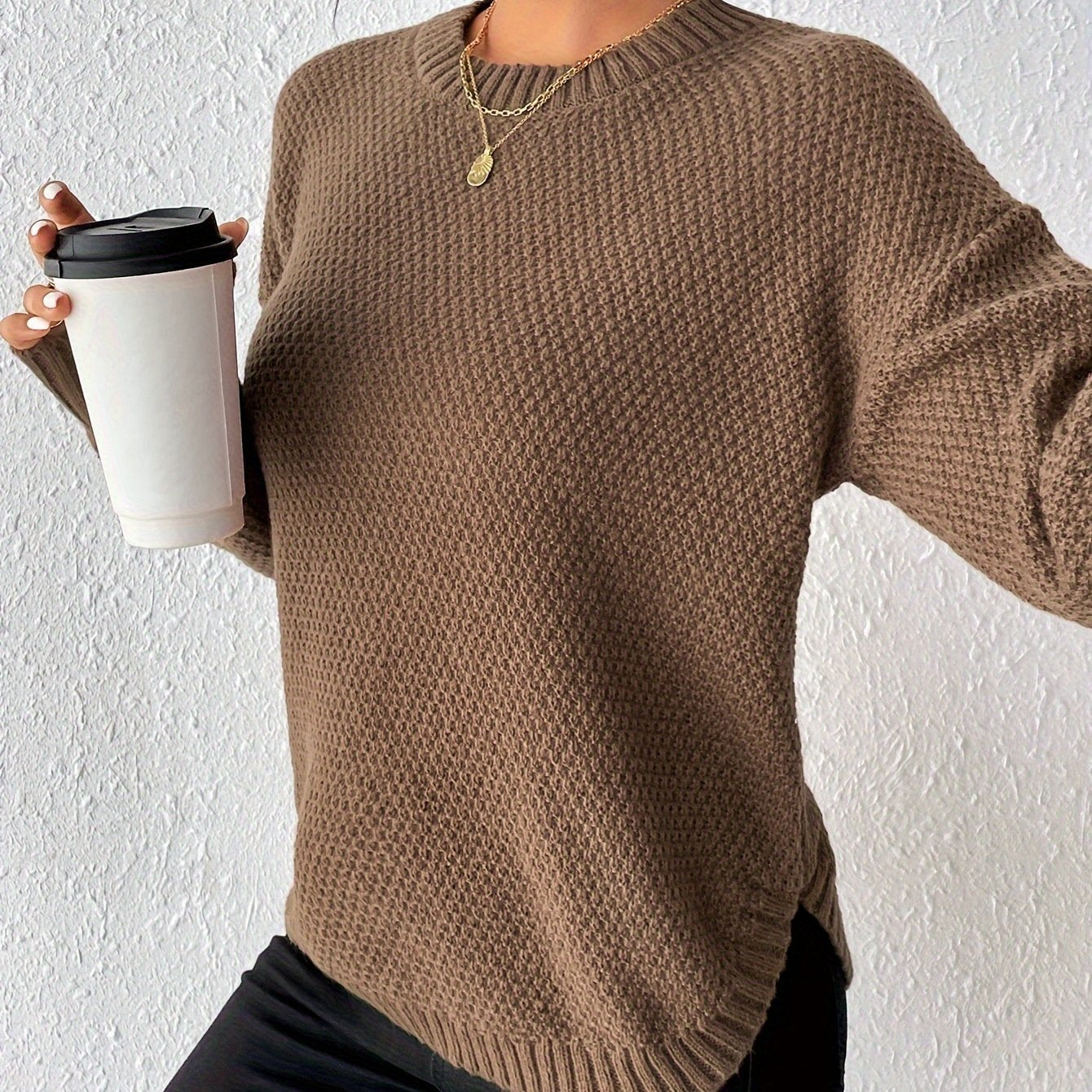 New Women's Solid Color Round Neck Pullover Sweater, Loose-Fit Simple Versatile Long Sleeve Pullover Sweater, Women's Sweater Top