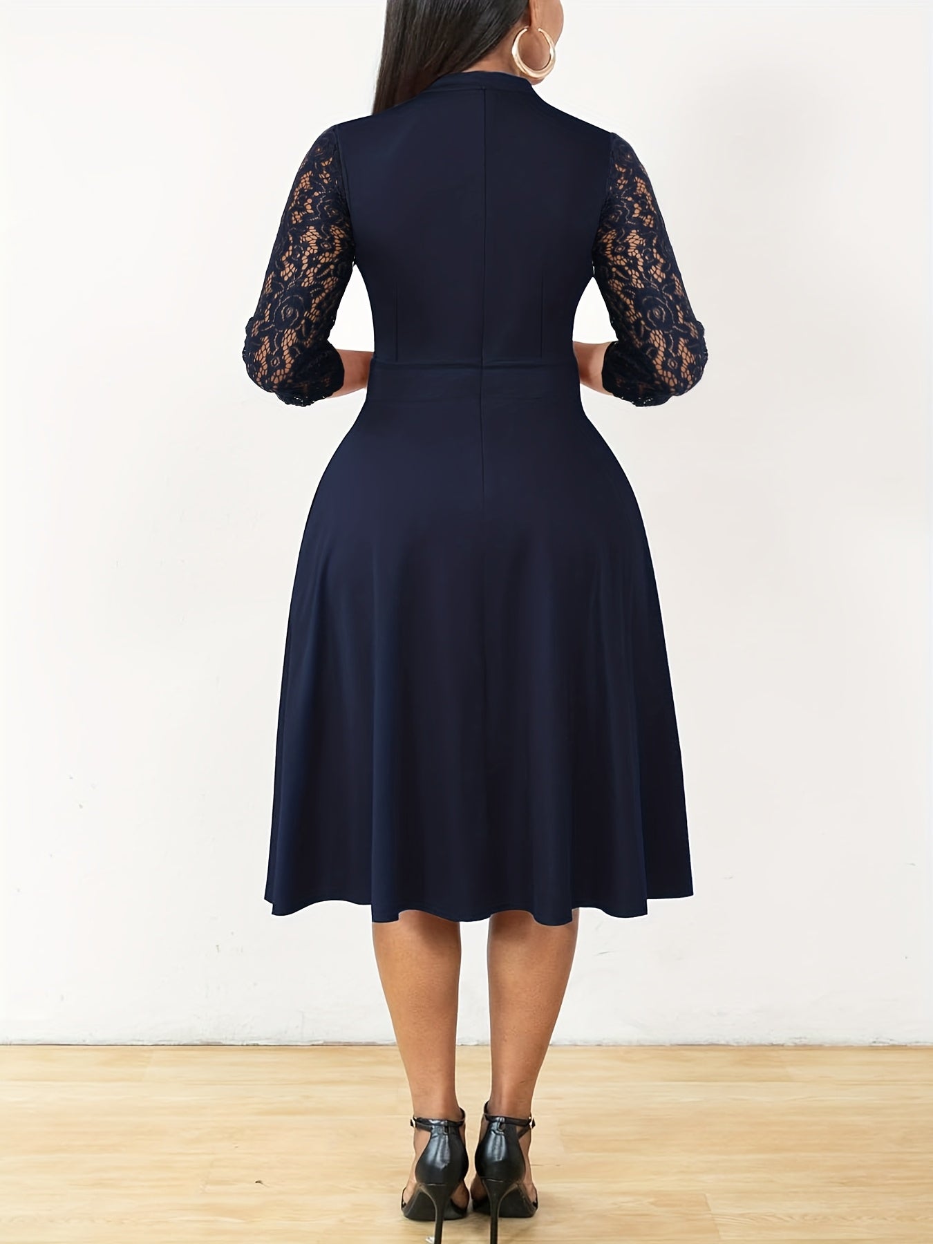 Autumn/Winter Women's Fashion Elegant V-Neck Lace Sleeve Three-Quarter Sleeve A-Line Midi Dress, Suitable for Formal Occasions, Cocktail Parties, and Gatherings