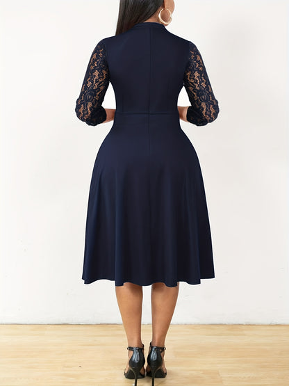 Autumn/Winter Women's Fashion Elegant V-Neck Lace Sleeve Three-Quarter Sleeve A-Line Midi Dress, Suitable for Formal Occasions, Cocktail Parties, and Gatherings