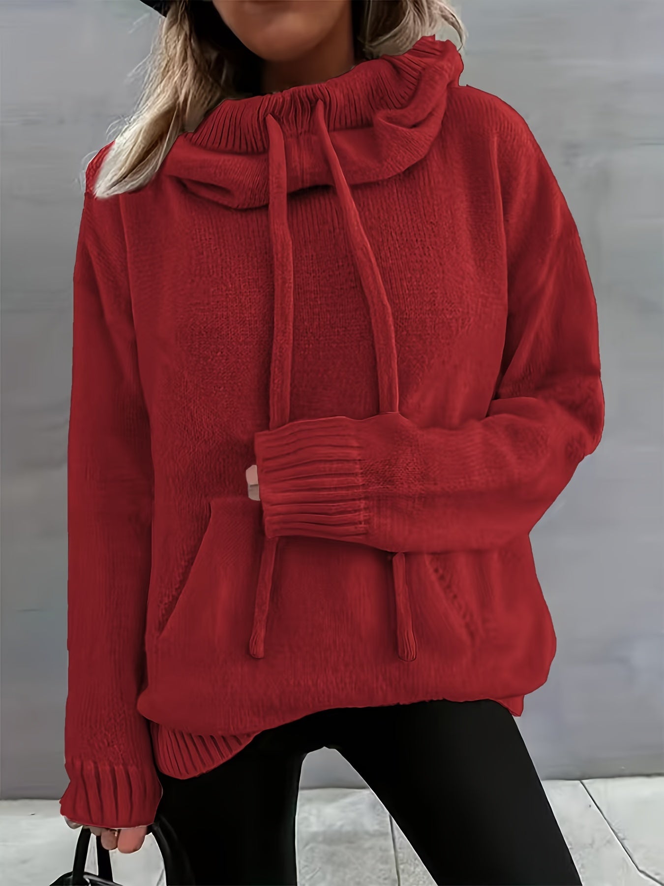 Comfortable Knit Sweater for Women with Cowl Neck Long Sleeve Drawstring Oversized Style