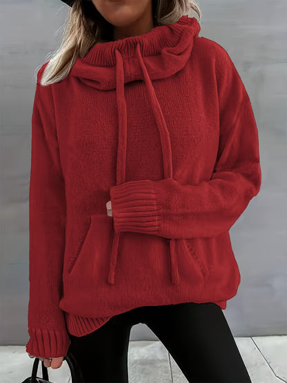 Comfortable Knit Sweater for Women with Cowl Neck Long Sleeve Drawstring Oversized Style