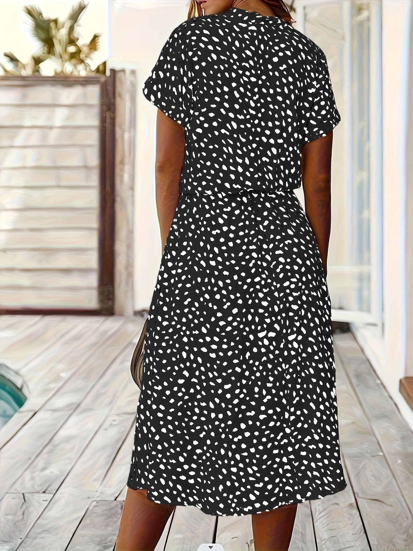Effortless Multicolor Polka Dot Midi Dress for Women with Collar Short Sleeve Button Front Drawstring Waist Casual Style
