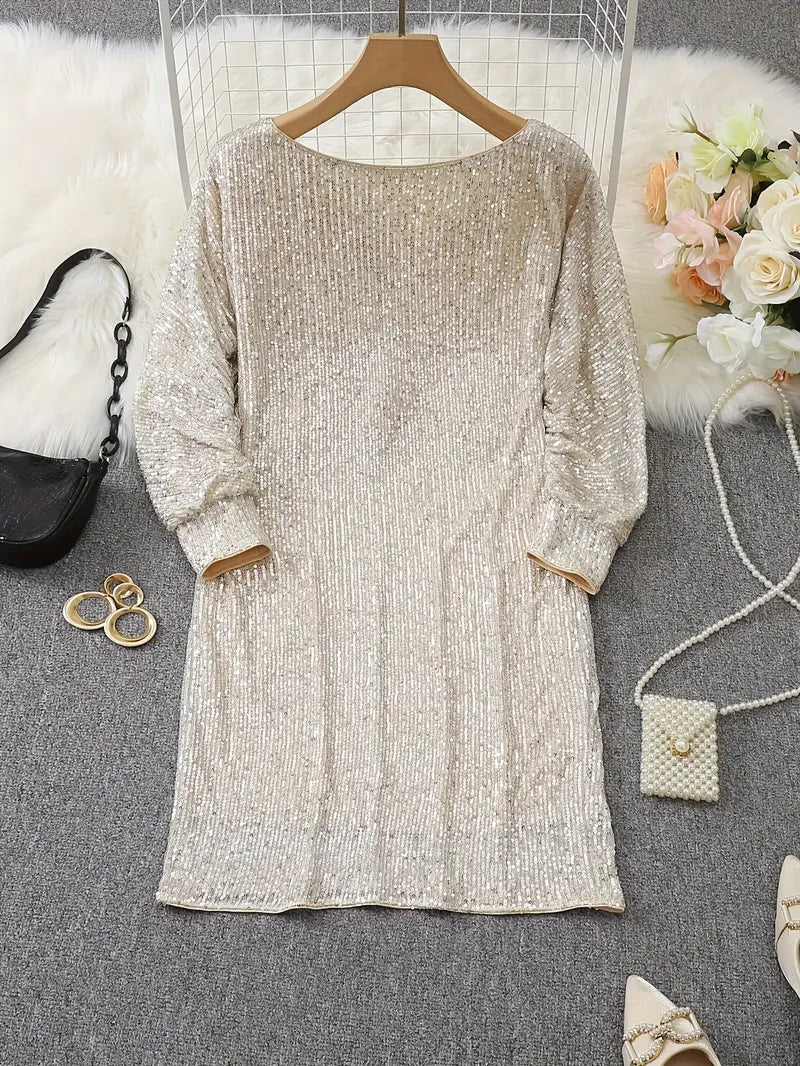 Elegant Sequin Mini Dress for Women with Off Shoulder Batwing Sleeve Bodycon Sparkle Formal Party Style